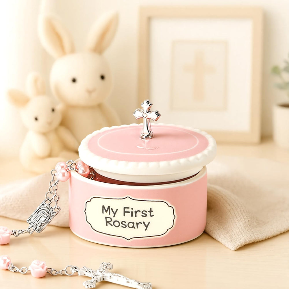 MyMateZoe nursery-shelf-rosary rests on a baby's shelf for easy daily prayers.