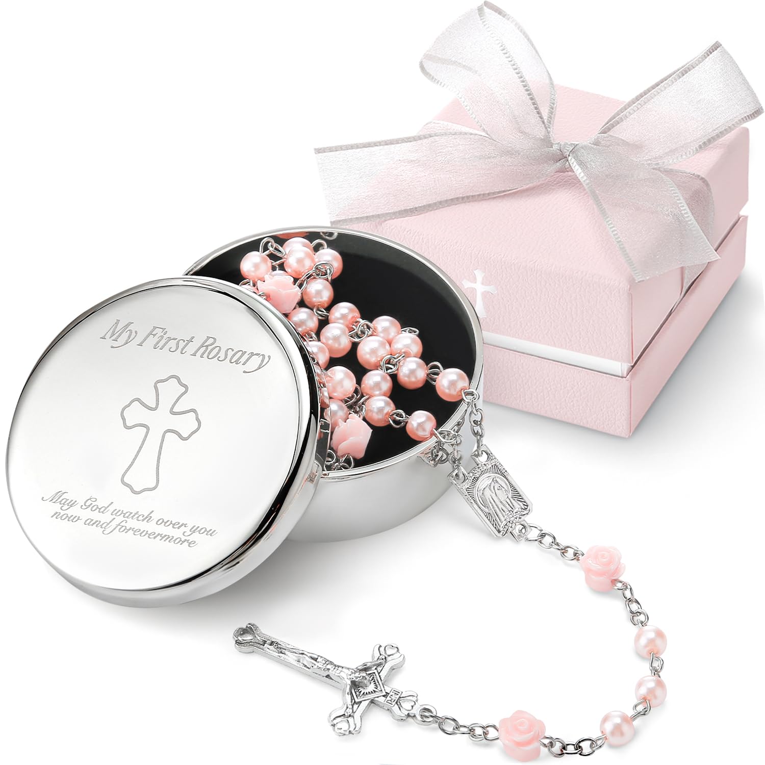 MyMateZoe pink rosary with pearl-like beads for baptism keepsake