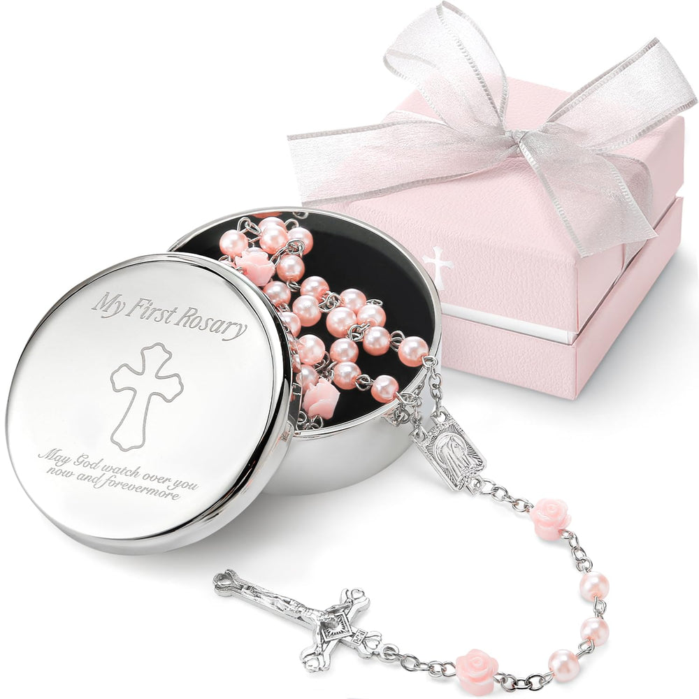 MyMateZoe pink rosary with pearl-like beads for baptism keepsake