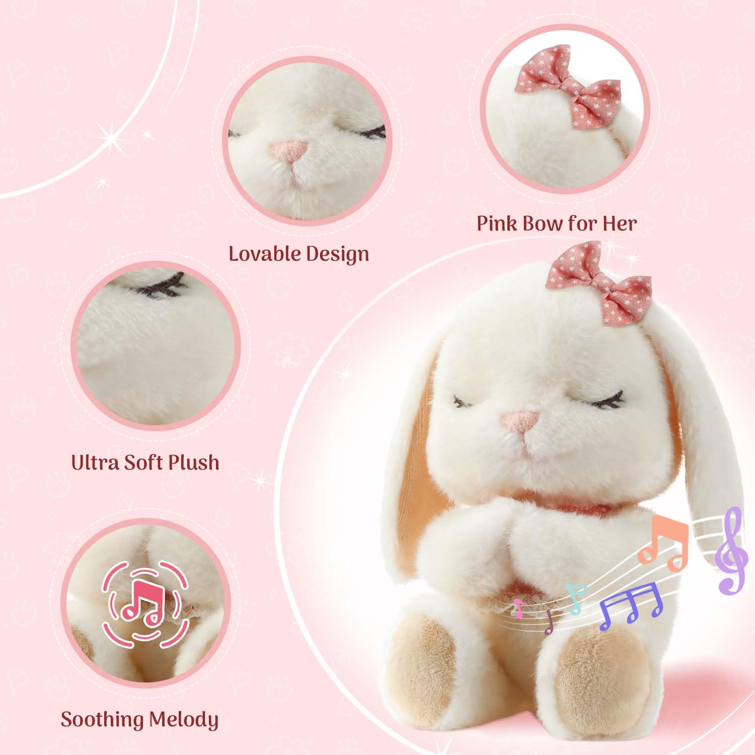 MyMateZoe praying bunny plush close-up highlighting gentle music for bedtime