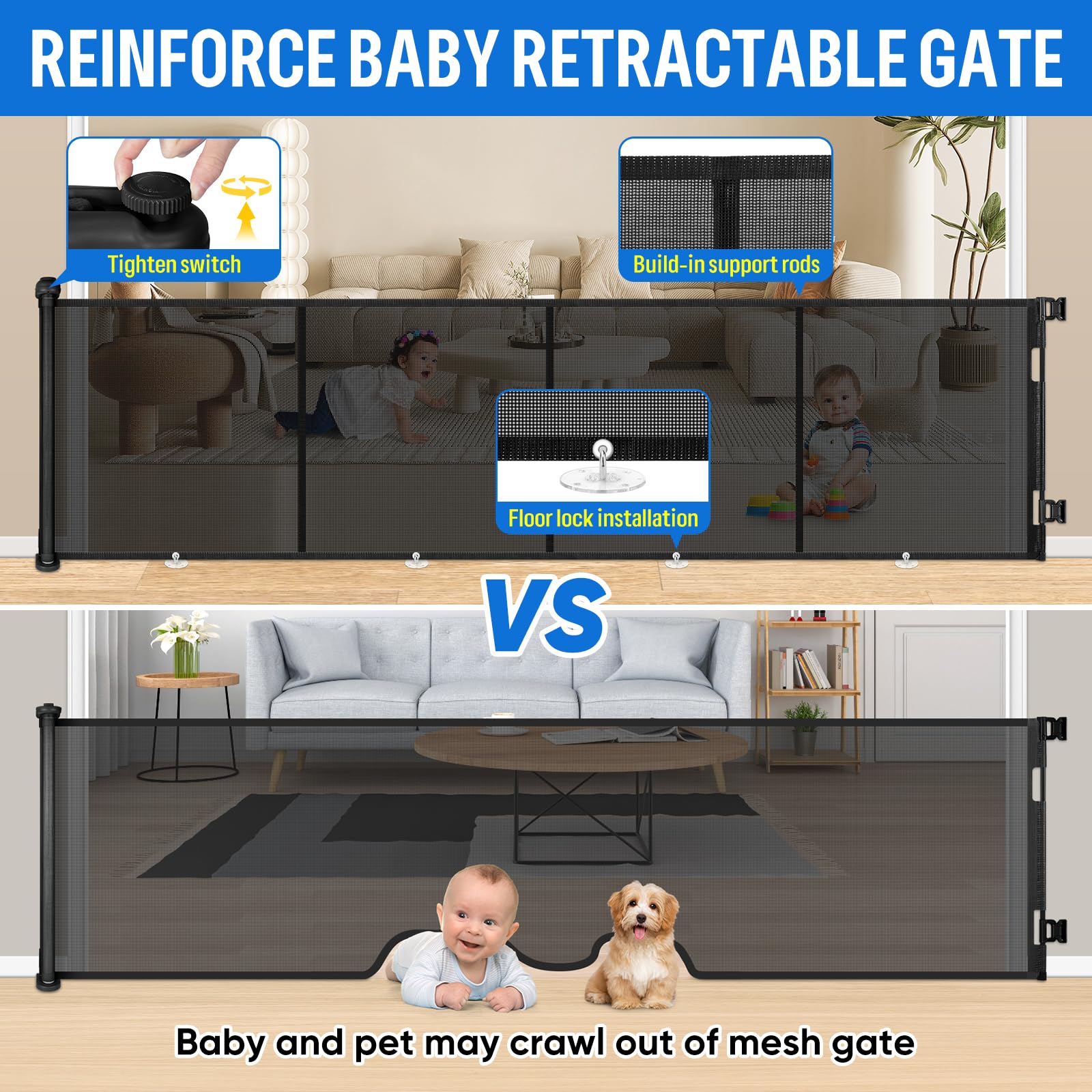 MYPIN baby gate stairs extension shows wide coverage for top and bottom stair safety.