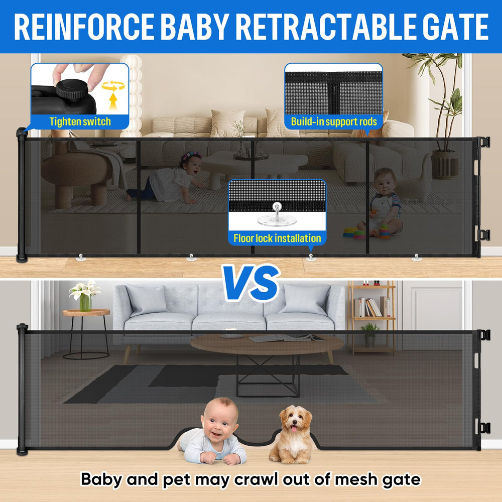 MYPIN baby gate stairs extension shows wide coverage for top and bottom stair safety.