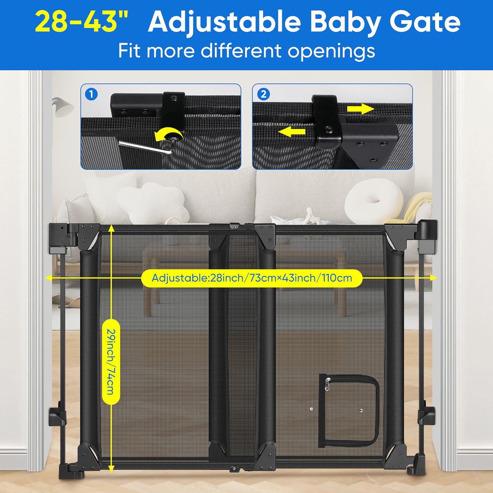 MYPIN heavy-duty PVC baby gate installed on stairs with secure fixings.