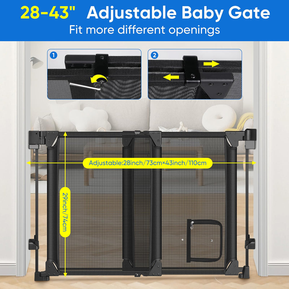 MYPIN heavy-duty PVC baby gate installed on stairs with secure fixings.