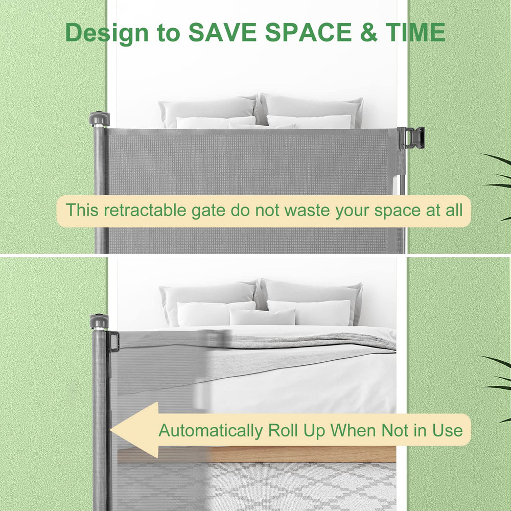 MYPIN retractable gate offers one-handed operation for busy parents.