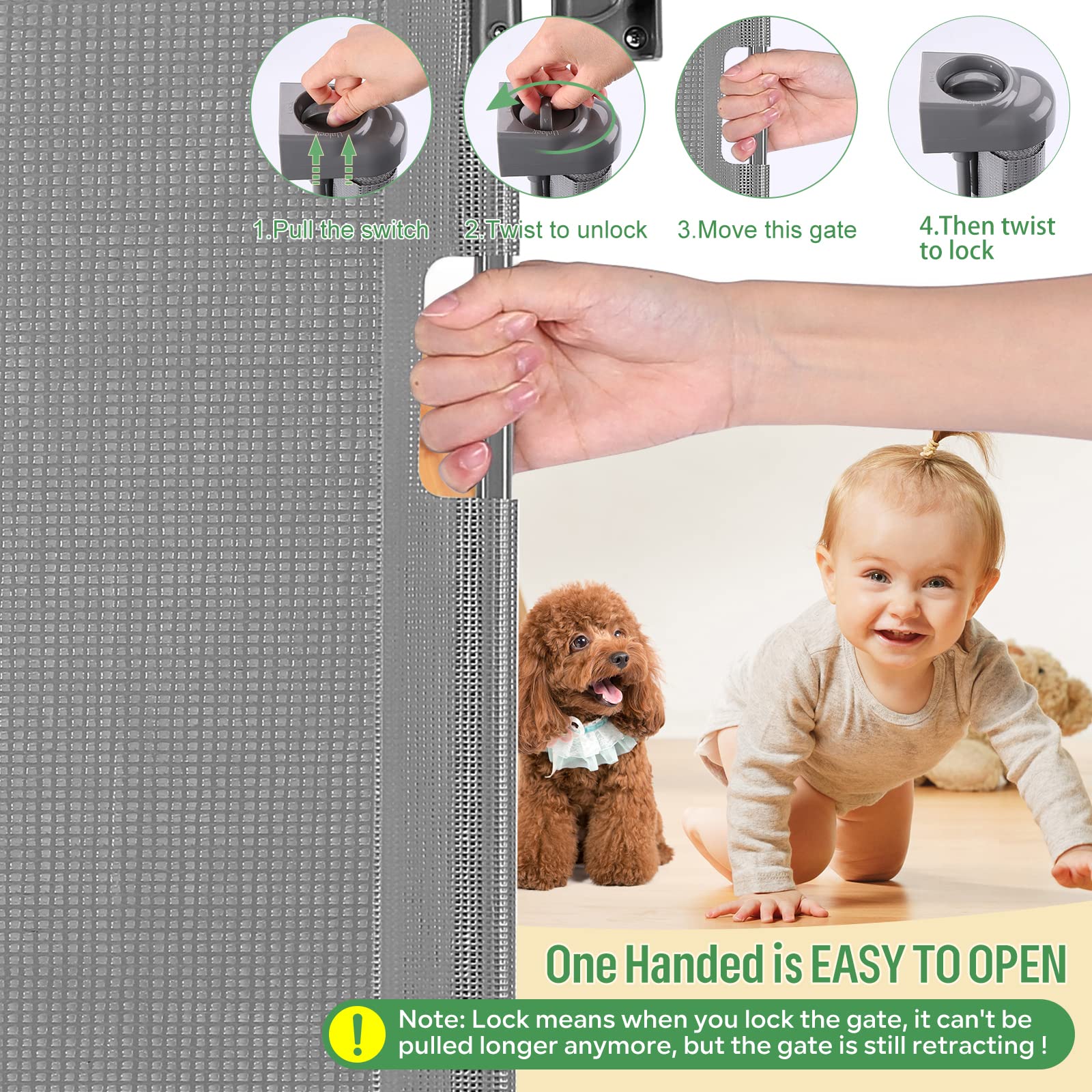 MYPIN retractable gate demonstrates smart close at 30 degrees for secure passage.