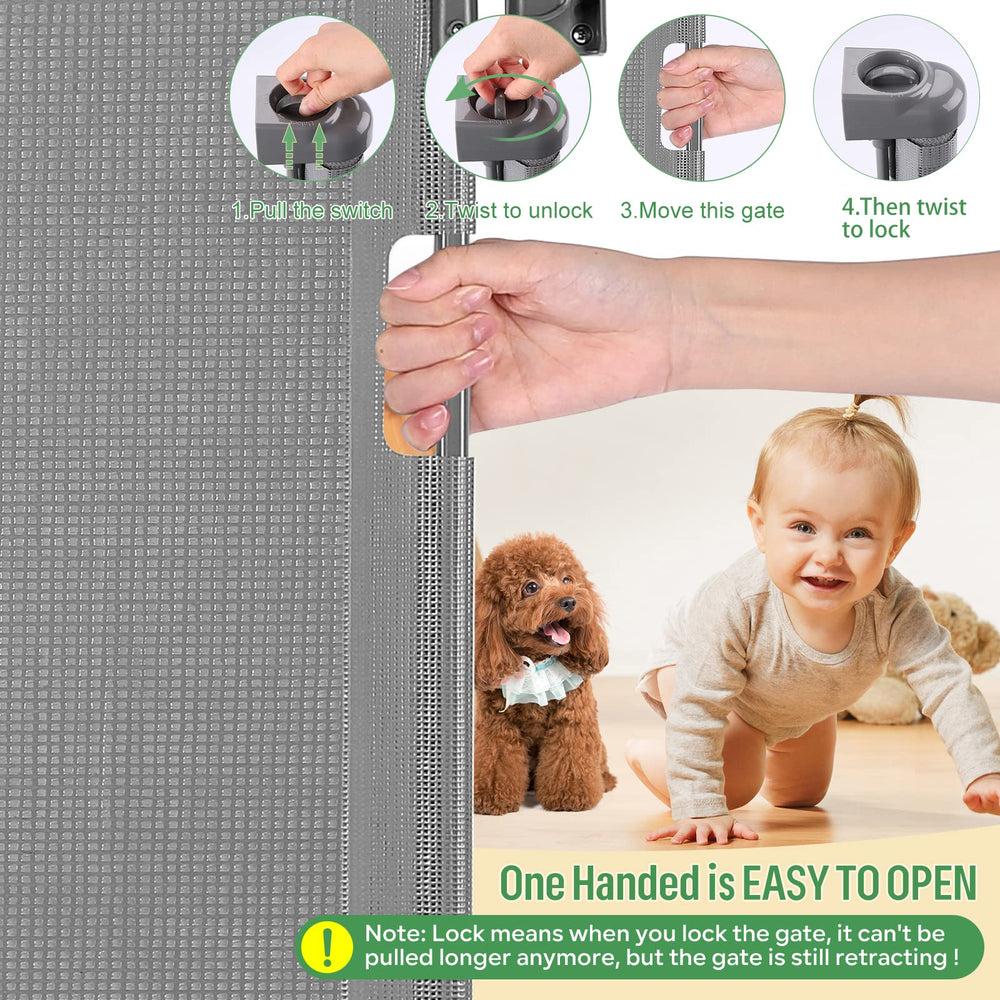 MYPIN retractable gate demonstrates smart close at 30 degrees for secure passage.