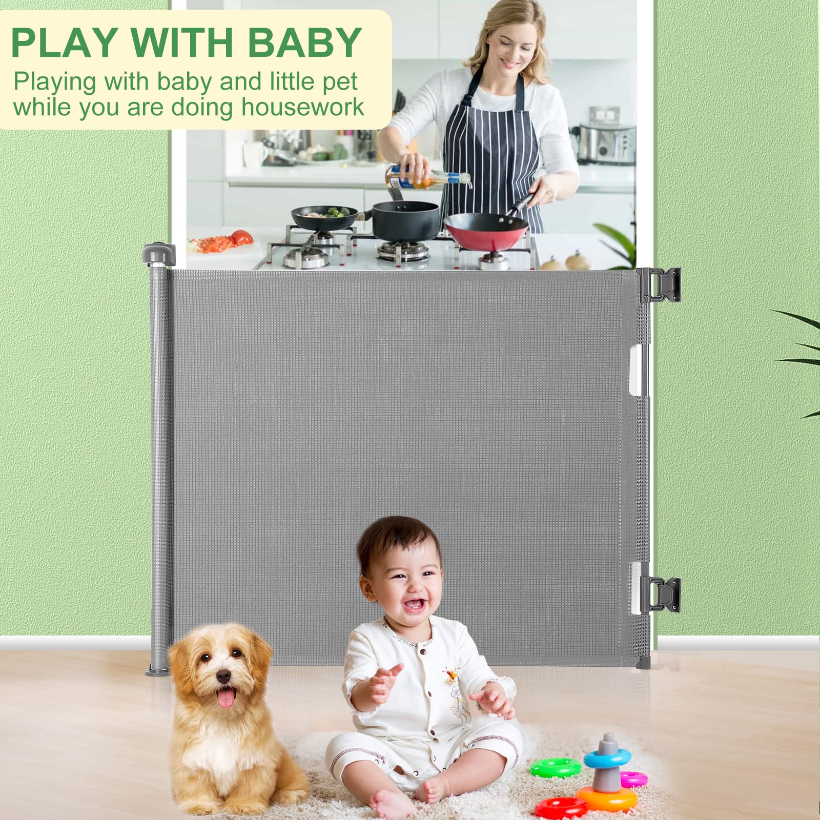 MYPIN gate on stairs supports safe stair passage for kids and pets.