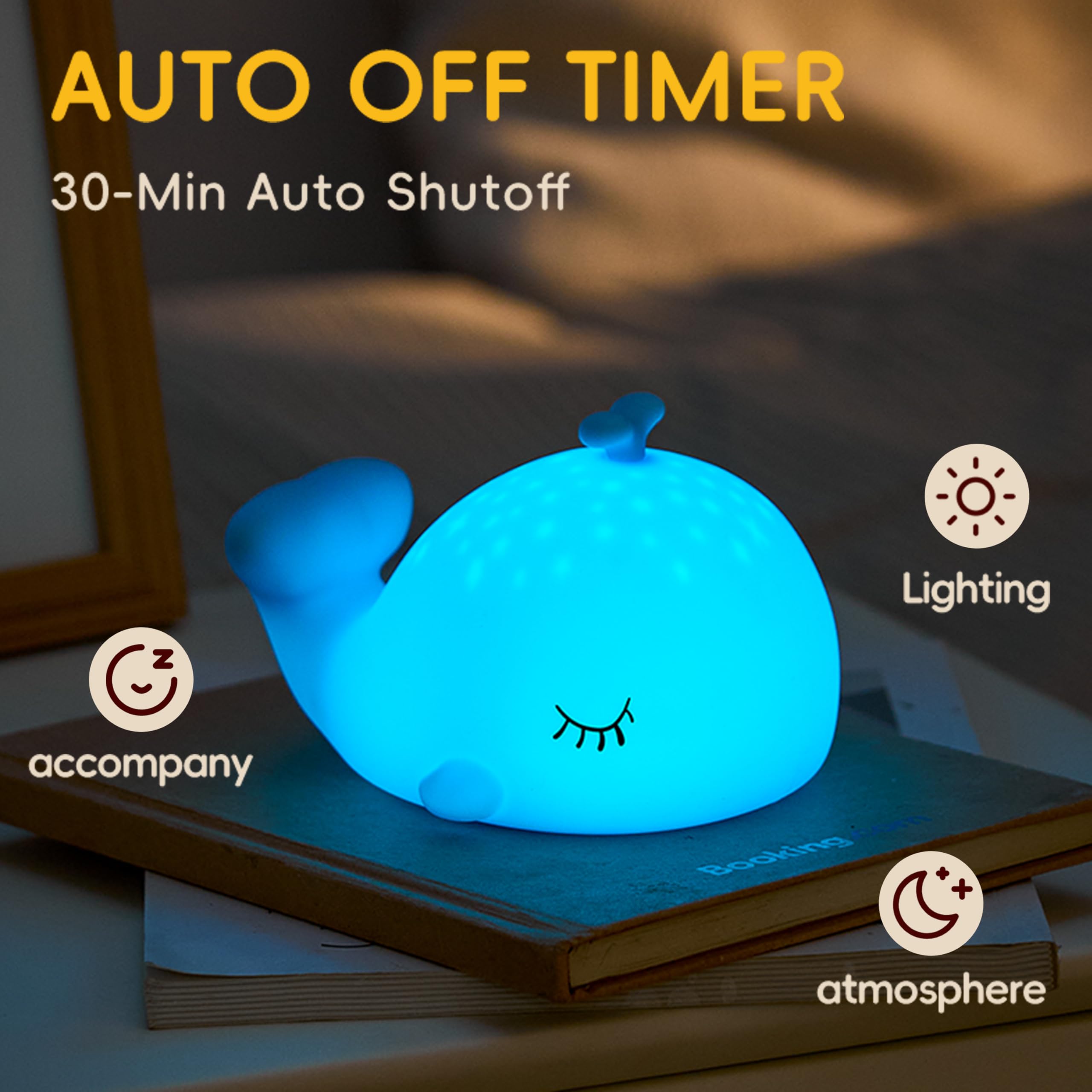 Myratts Whale Night Light RGB color mode creates mood lighting.