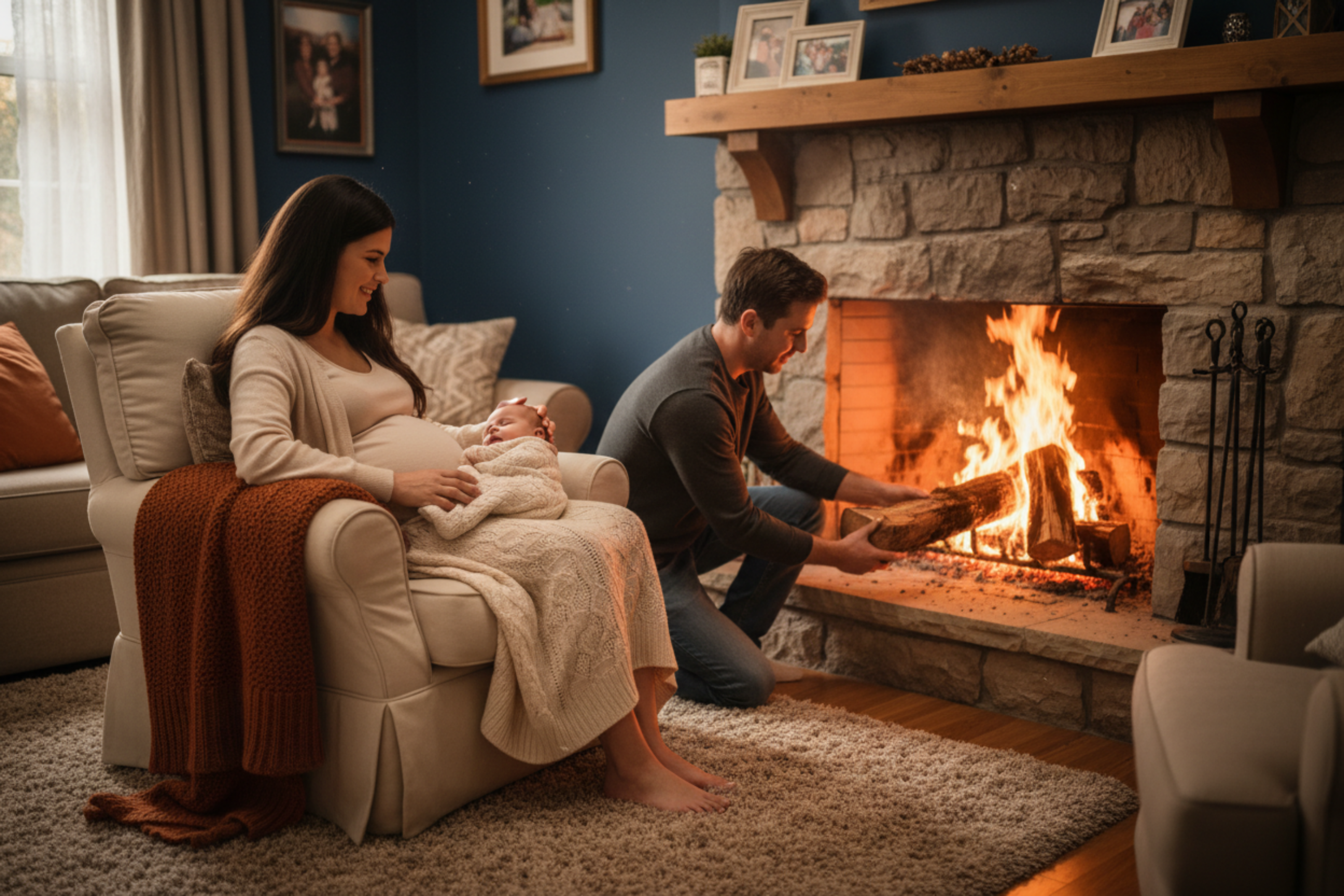 MyThriftyMom.ca Canada banner showing pregnant mom holding newborn while dad tends fireplace in cozy living room