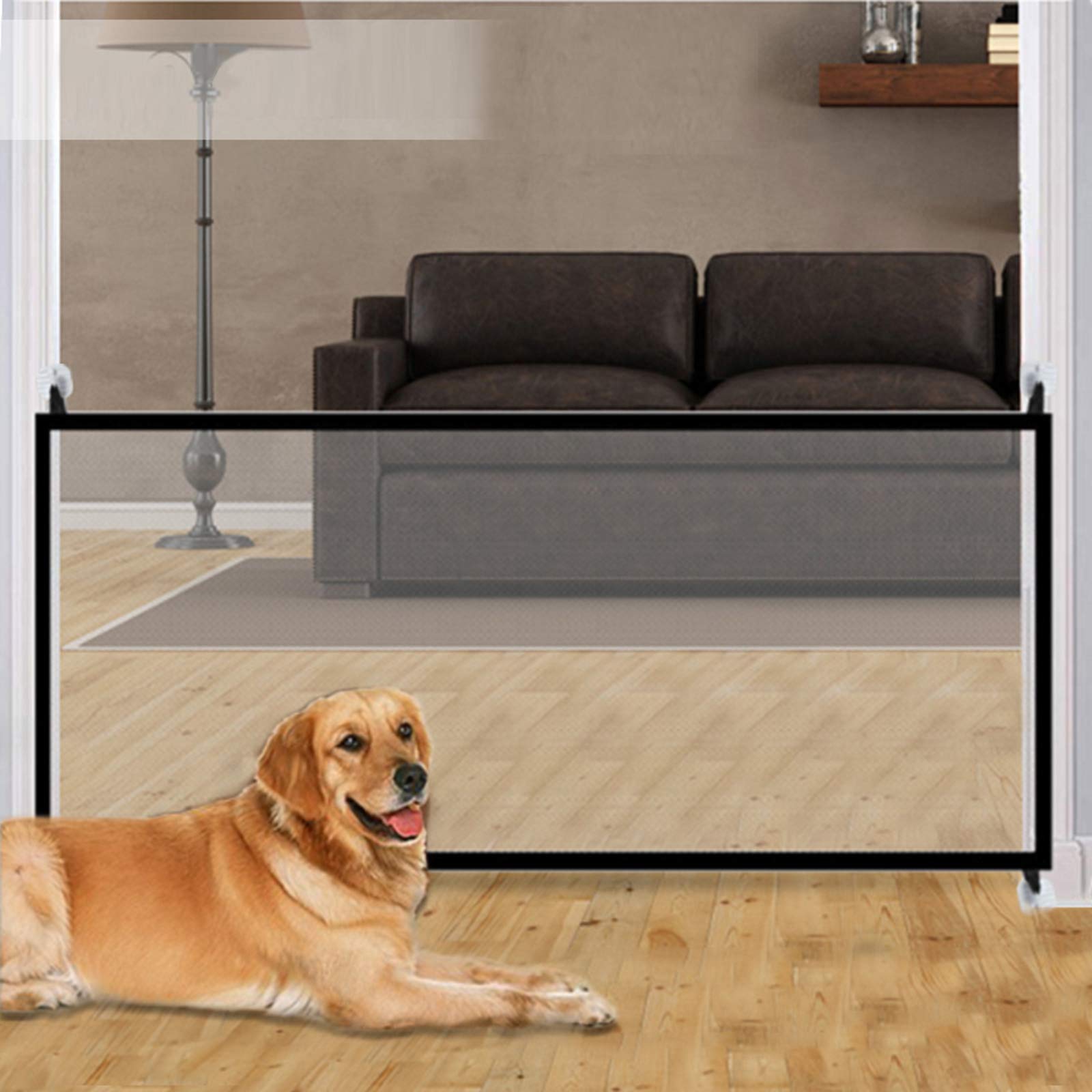 MyTickles pet gate wide view demonstrates spacious containment for dogs.