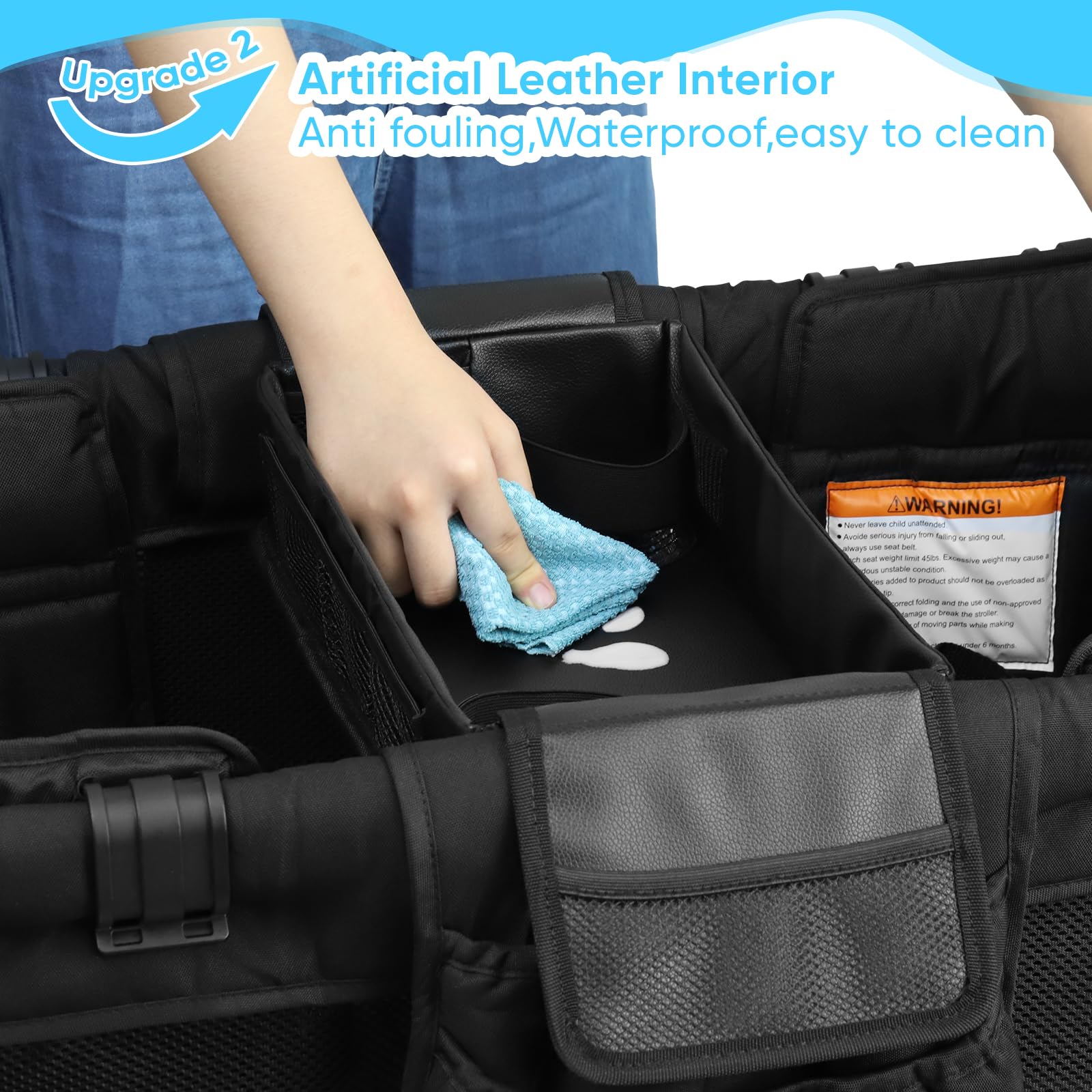 Myvikcar snack tray interior is waterproof faux leather and easy to wipe