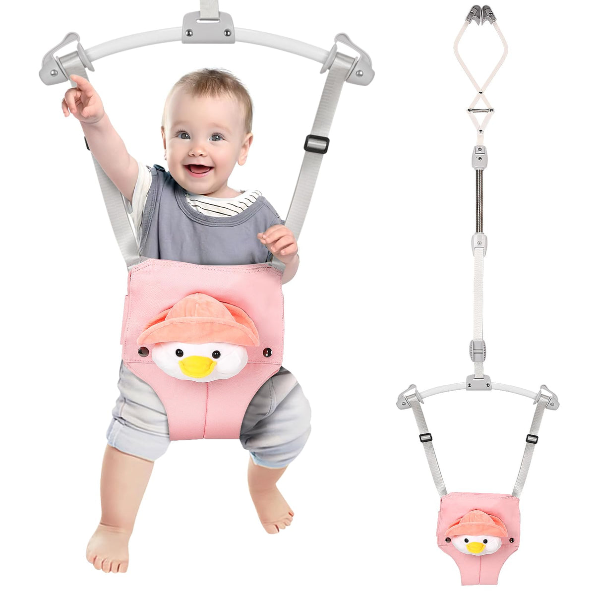 MYYOODI baby doorway jumper assembly showing quick setup and secure door clamp