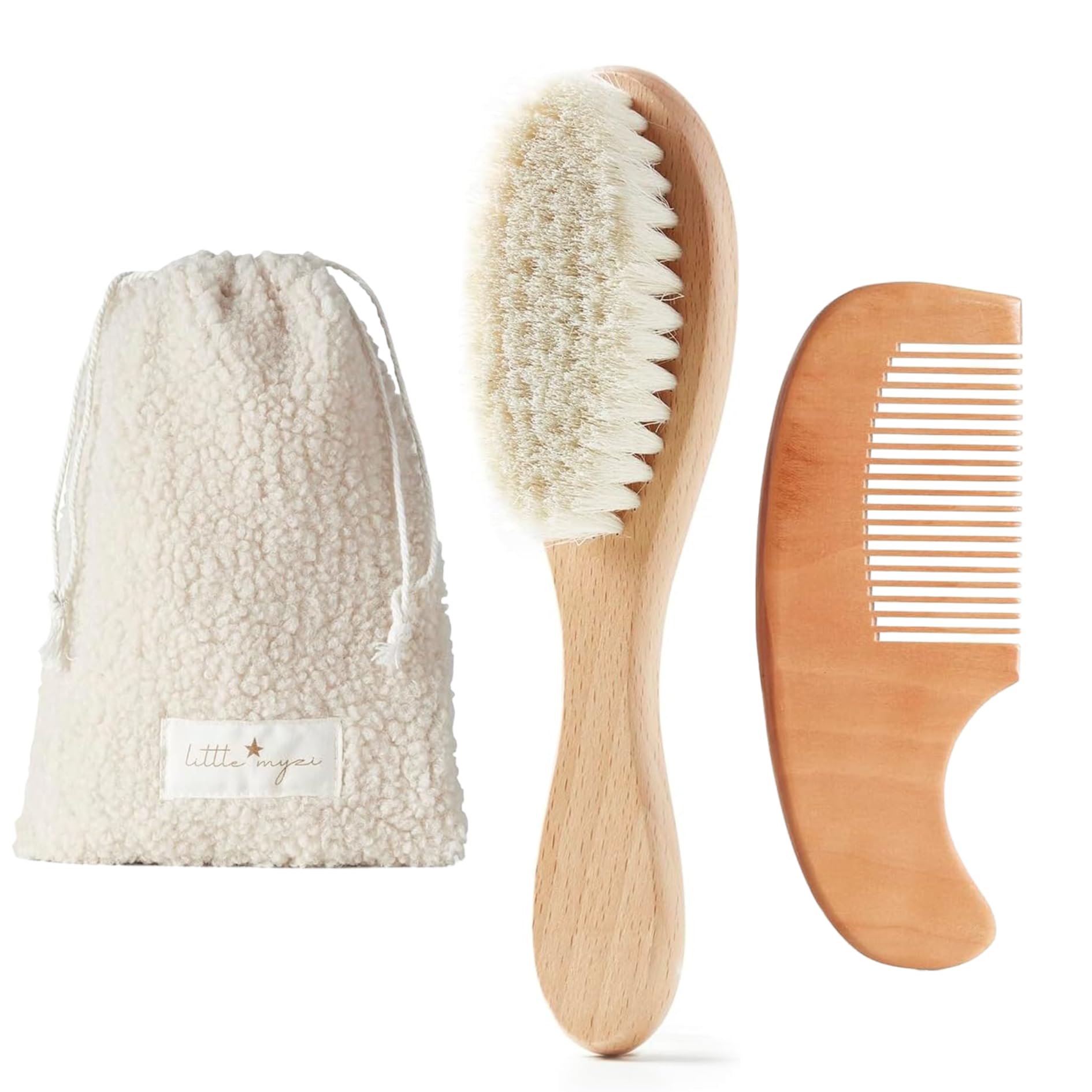 MYZI baby hair brush set with travel pouch for on-the-go grooming