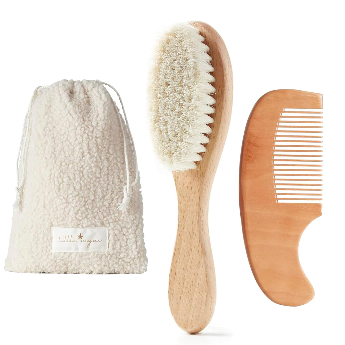MYZI baby hair brush set with travel pouch for on-the-go grooming