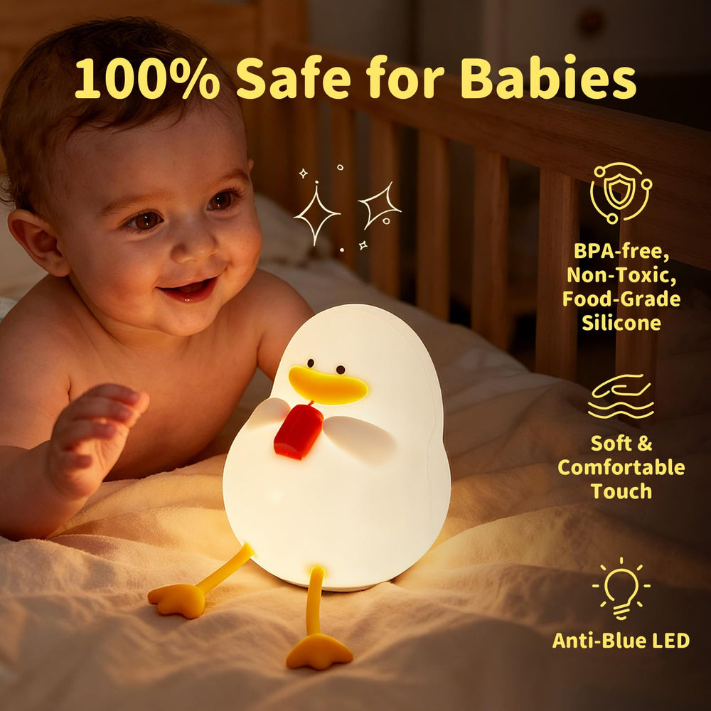 Myzztek Happy Duck Lamp soft-glow demonstrates warm lighting for nursery use.
