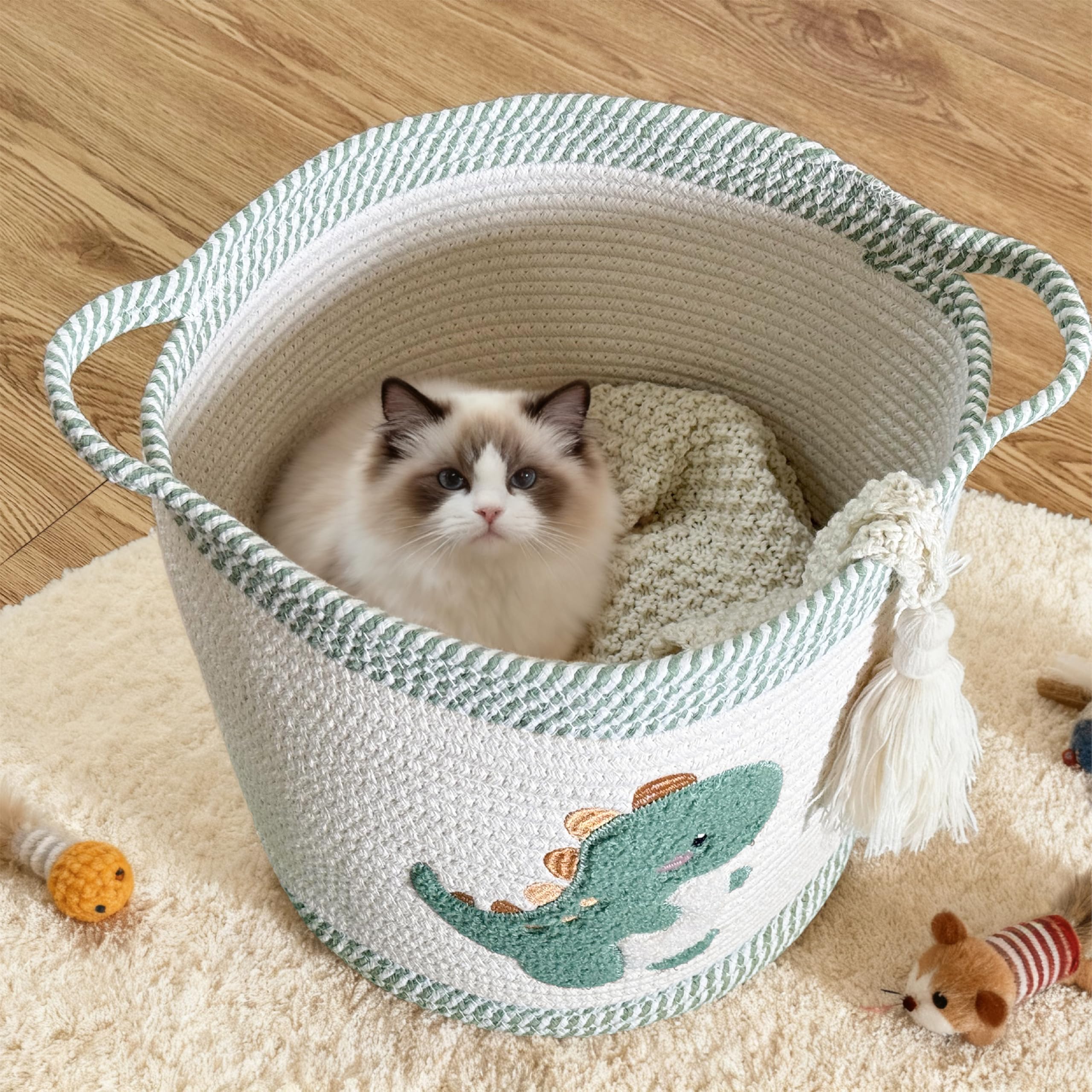 Mzzelry dinosaur basket 12x12 in use as compact toy and blanket storage.