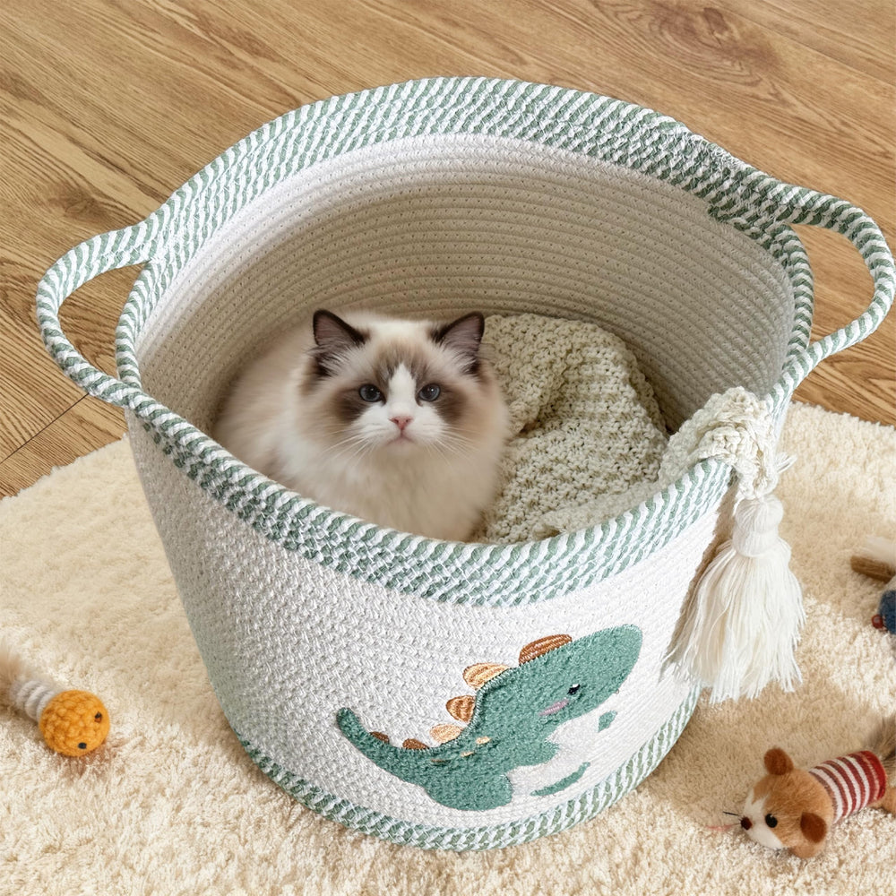 Mzzelry dinosaur basket 12x12 in use as compact toy and blanket storage.