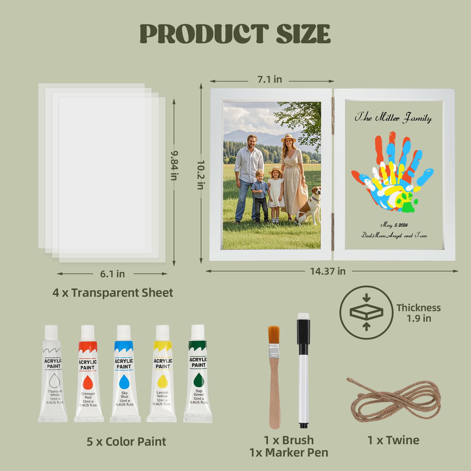 Nabance white folding frame holds family photos and handprints securely.