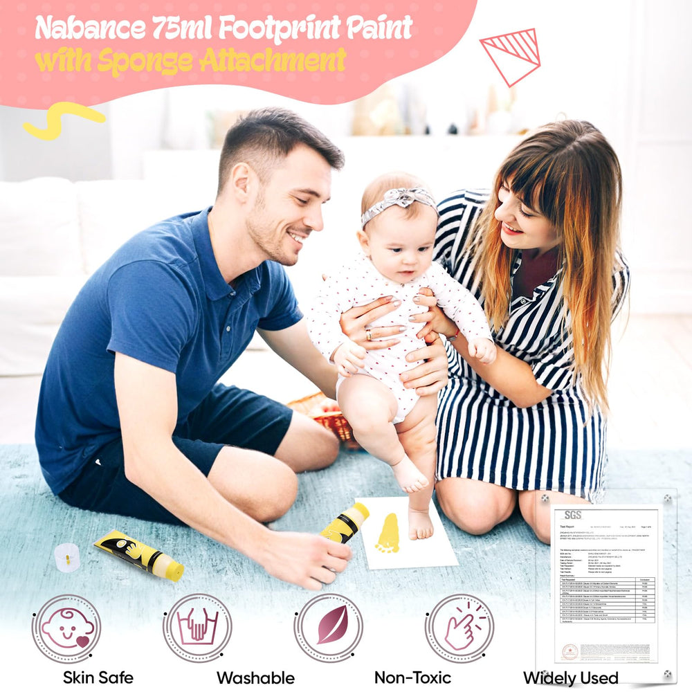 Nabance yellow baby footprint ink bottle close-up for lasting memories.