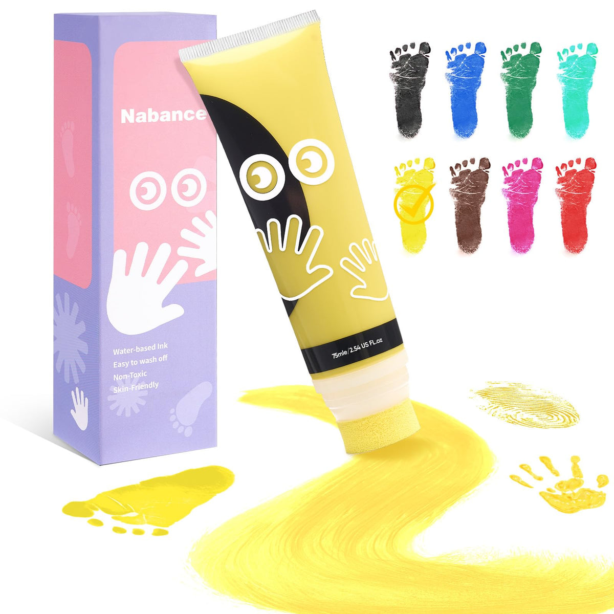 Nabance yellow baby handprint ink bottle close-up for safe keepsakes.