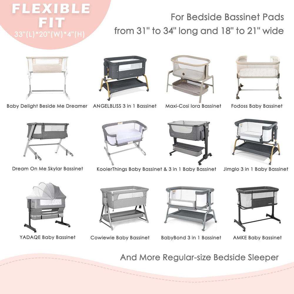 NacoMoco bassinet sheets easy care image demonstrates machine-washable and quick-dry durability