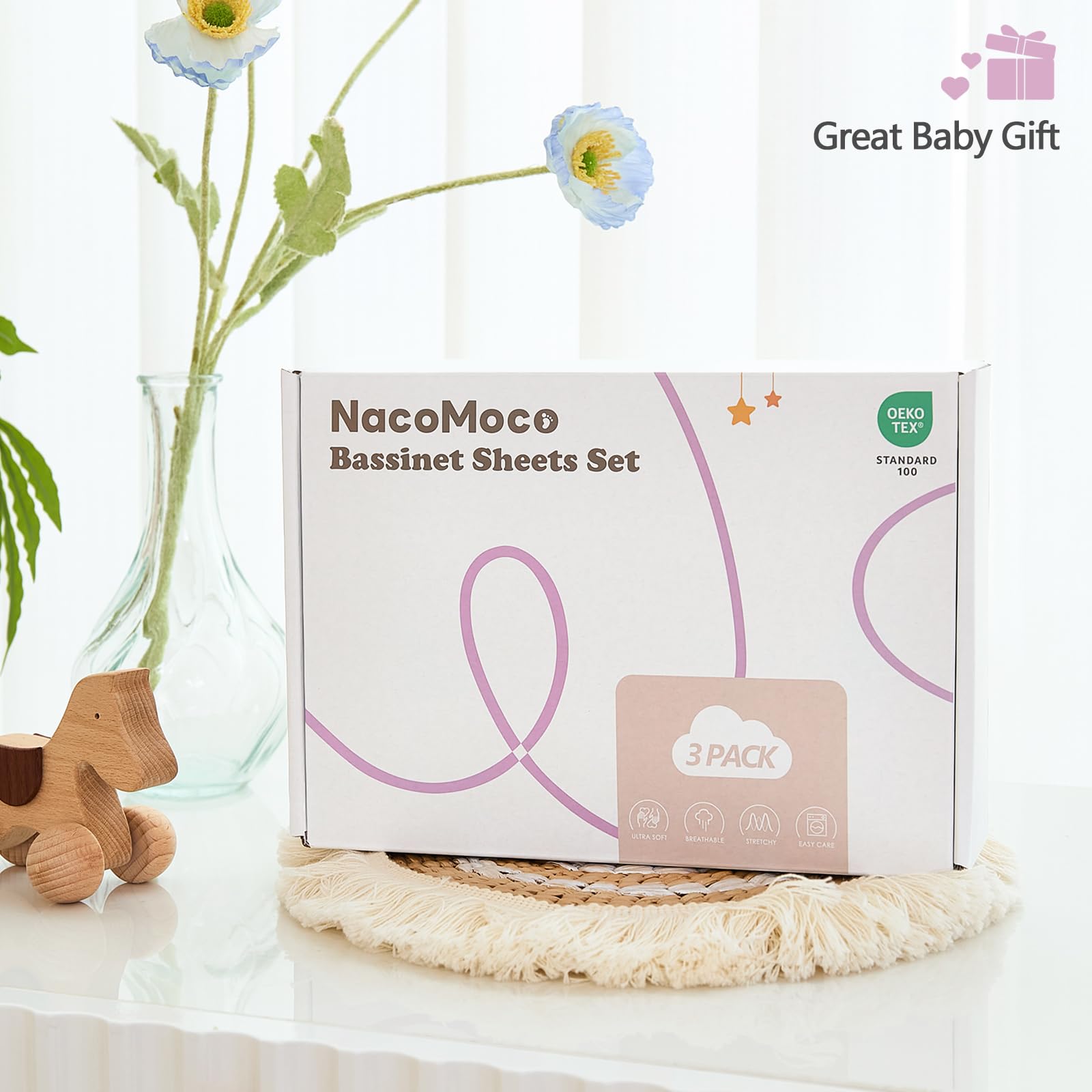 NacoMoco gift-box bassinet sheets offer a thoughtful baby gift option