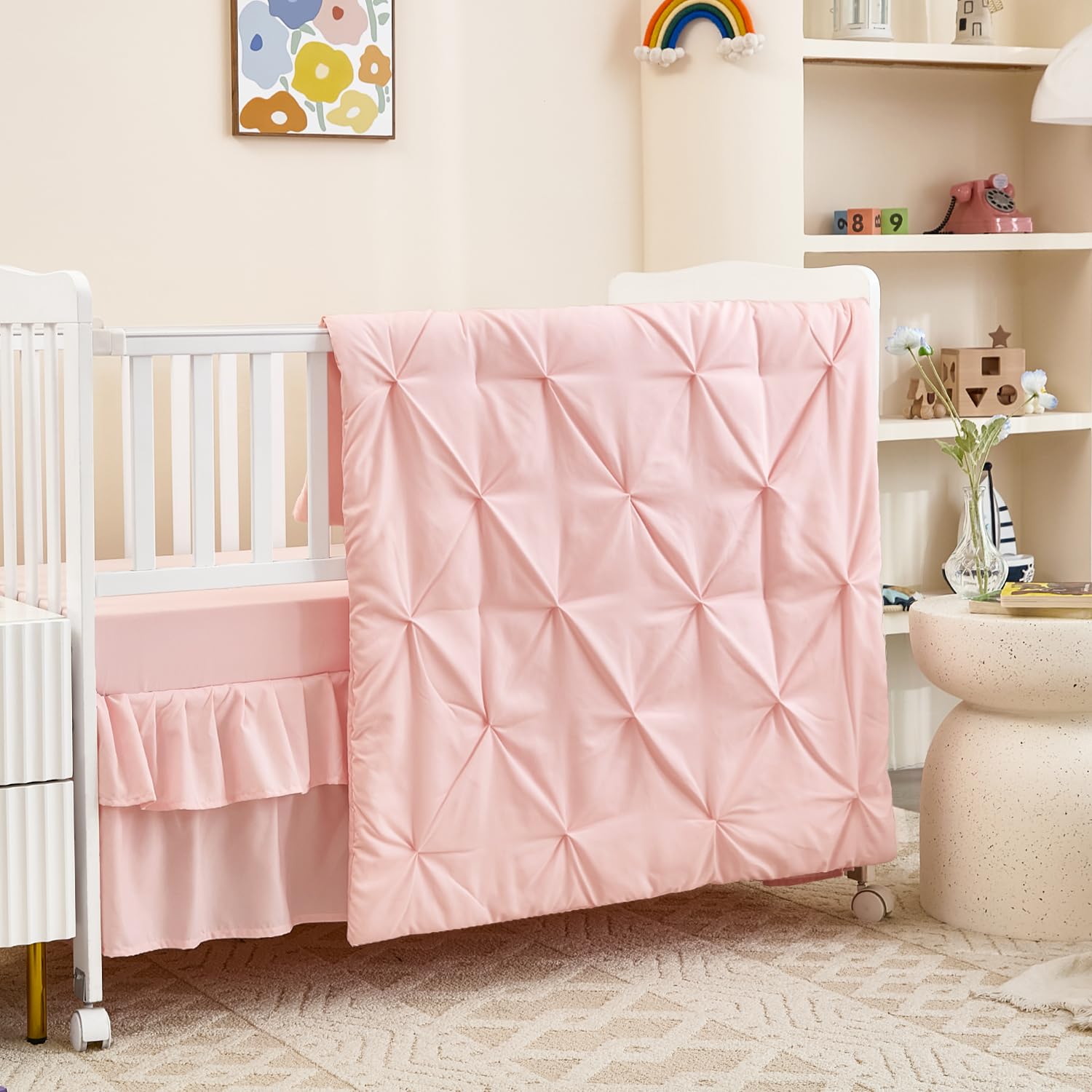 NacoMoco pink crib bedding comforter close-up showing ultra-soft microfiber