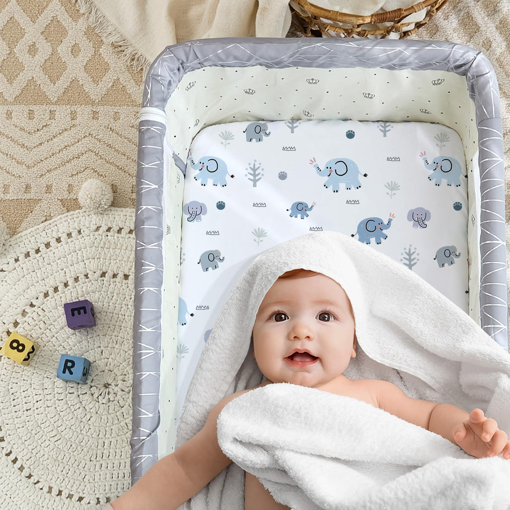 NacoMoco bassinet sheet elephant-pattern 35x20 adds cozy, playful nursery design.