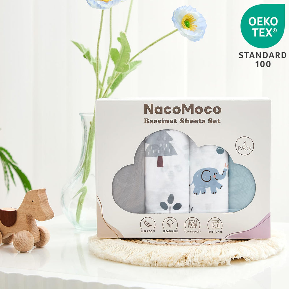 NacoMoco bassinet sheet machine-washable 35x20 simplifies cleanup after feeds.