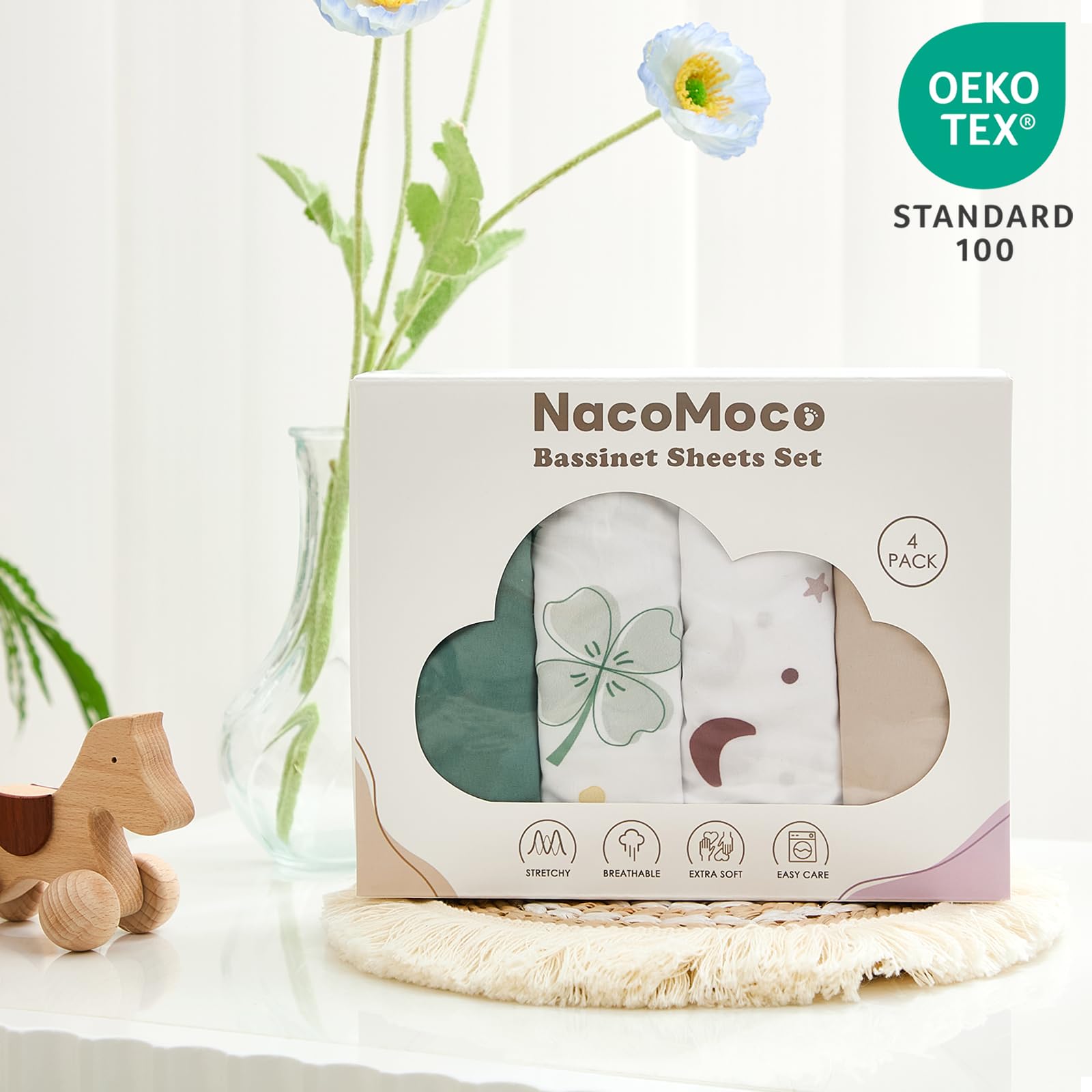 NacoMoco machine-washable sheets emphasize easy care and durability.