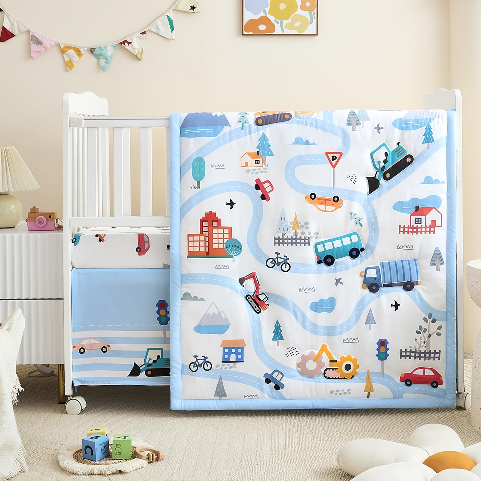 NacoMoco crib bedding set light blue comforter with soft breathable fabric.