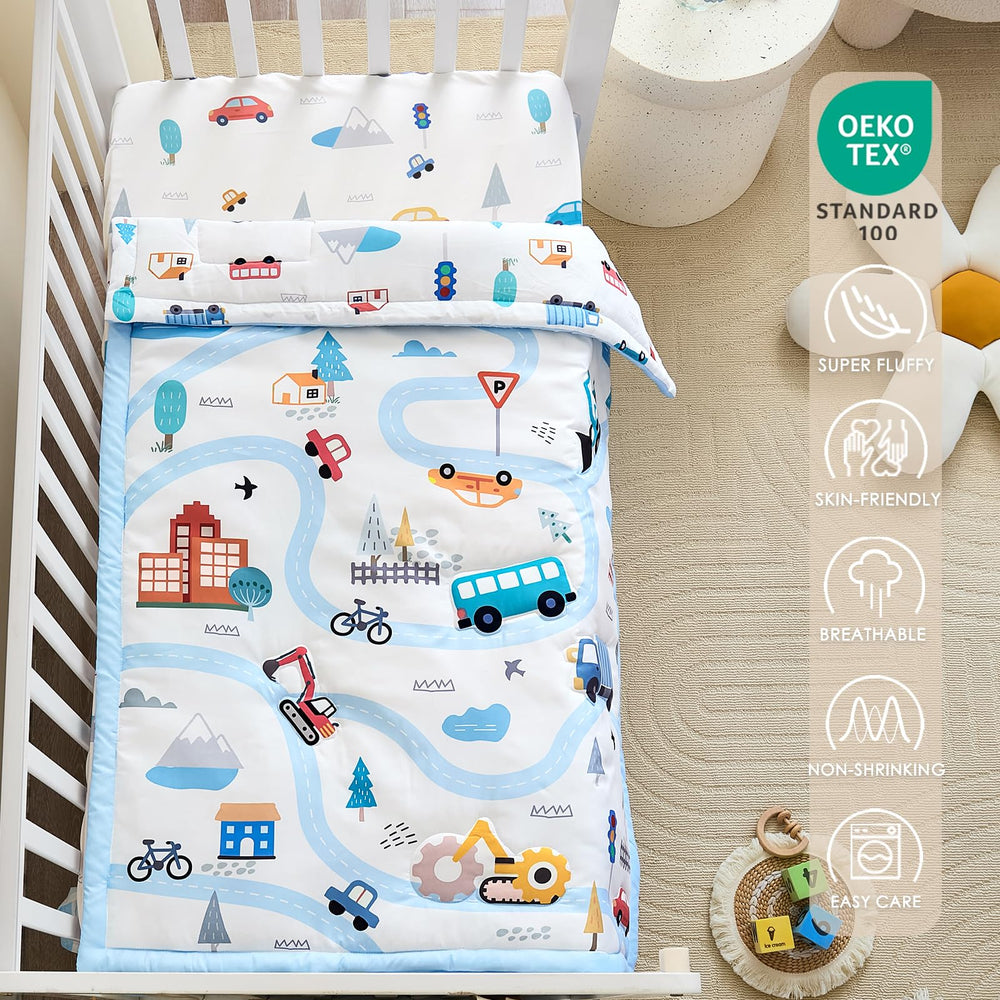 NacoMoco crib skirt light blue provides a tidy under-crib finish.