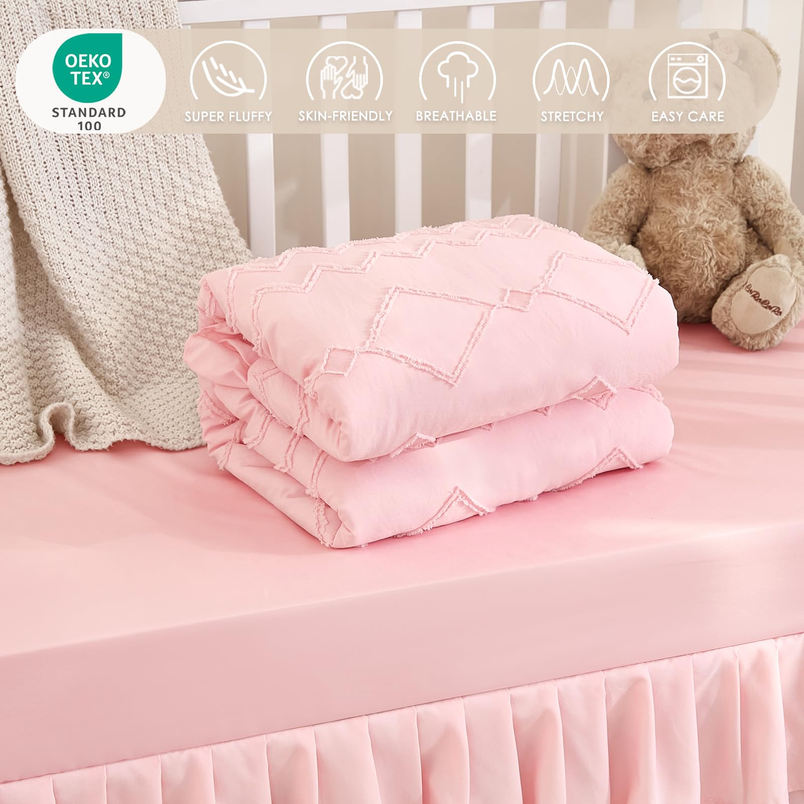NacoMoco crib-skirt-52x28-14in-double-hem-light-pink adds chic nursery finish.