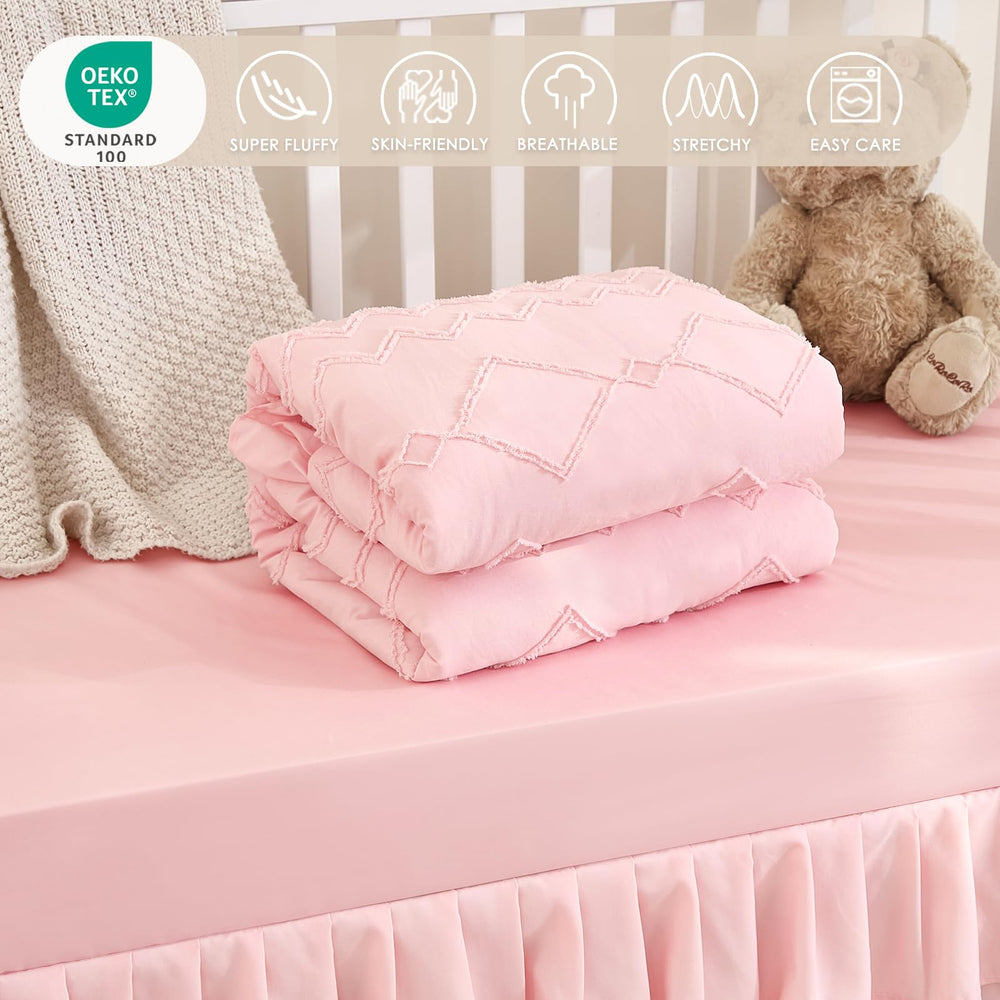 NacoMoco crib-skirt-52x28-14in-double-hem-light-pink adds chic nursery finish.