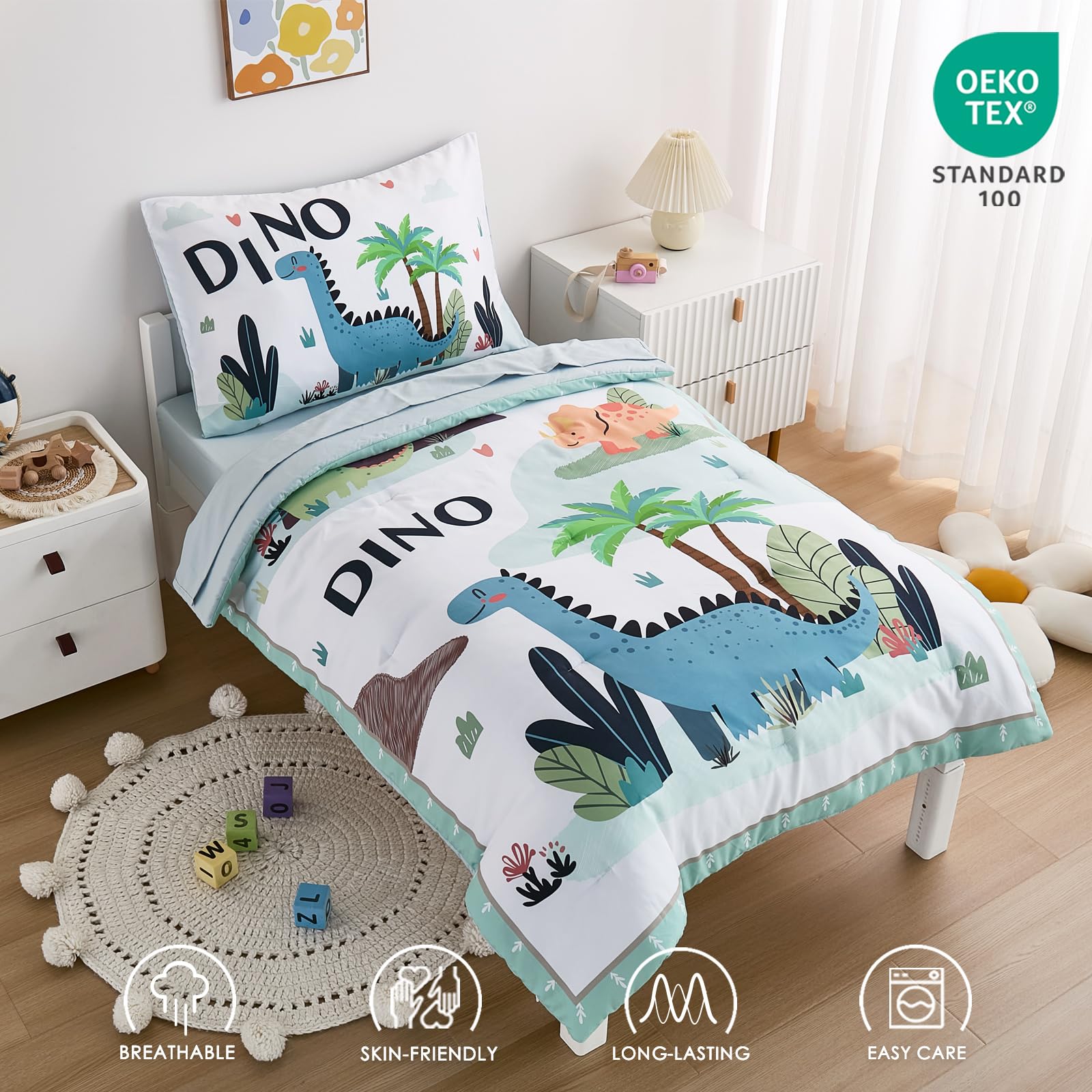 NacoMoco dinosaur bedding fitted sheet snugly fits a standard toddler bed.