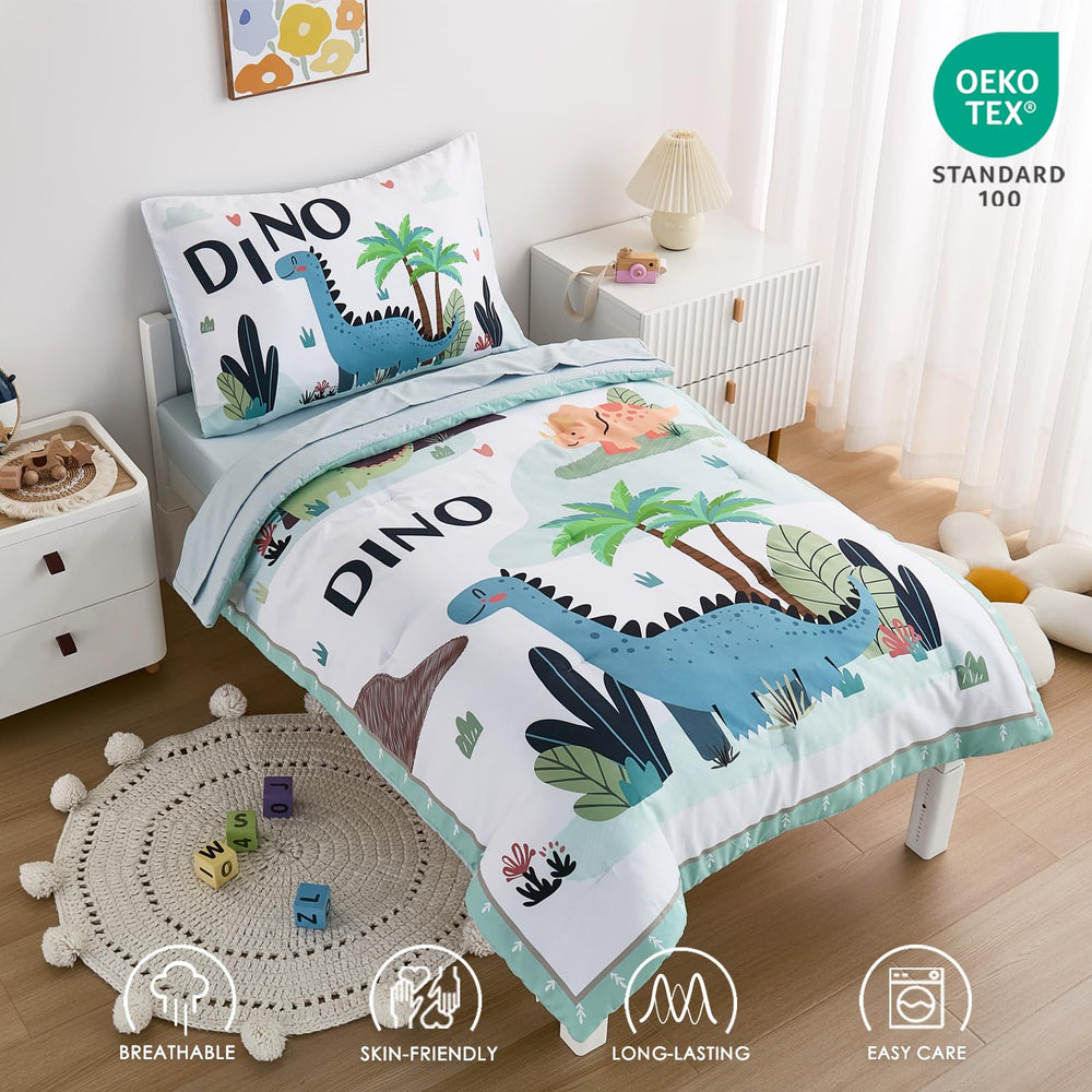 NacoMoco dinosaur bedding fitted sheet snugly fits a standard toddler bed.
