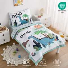 NacoMoco dinosaur bedding fitted sheet snugly fits a standard toddler bed.