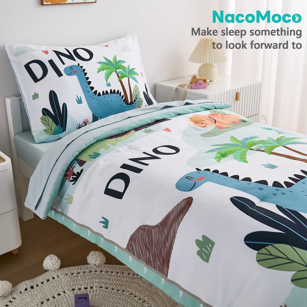 NacoMoco dinosaur bedding on bed creates cozy nursery setup.