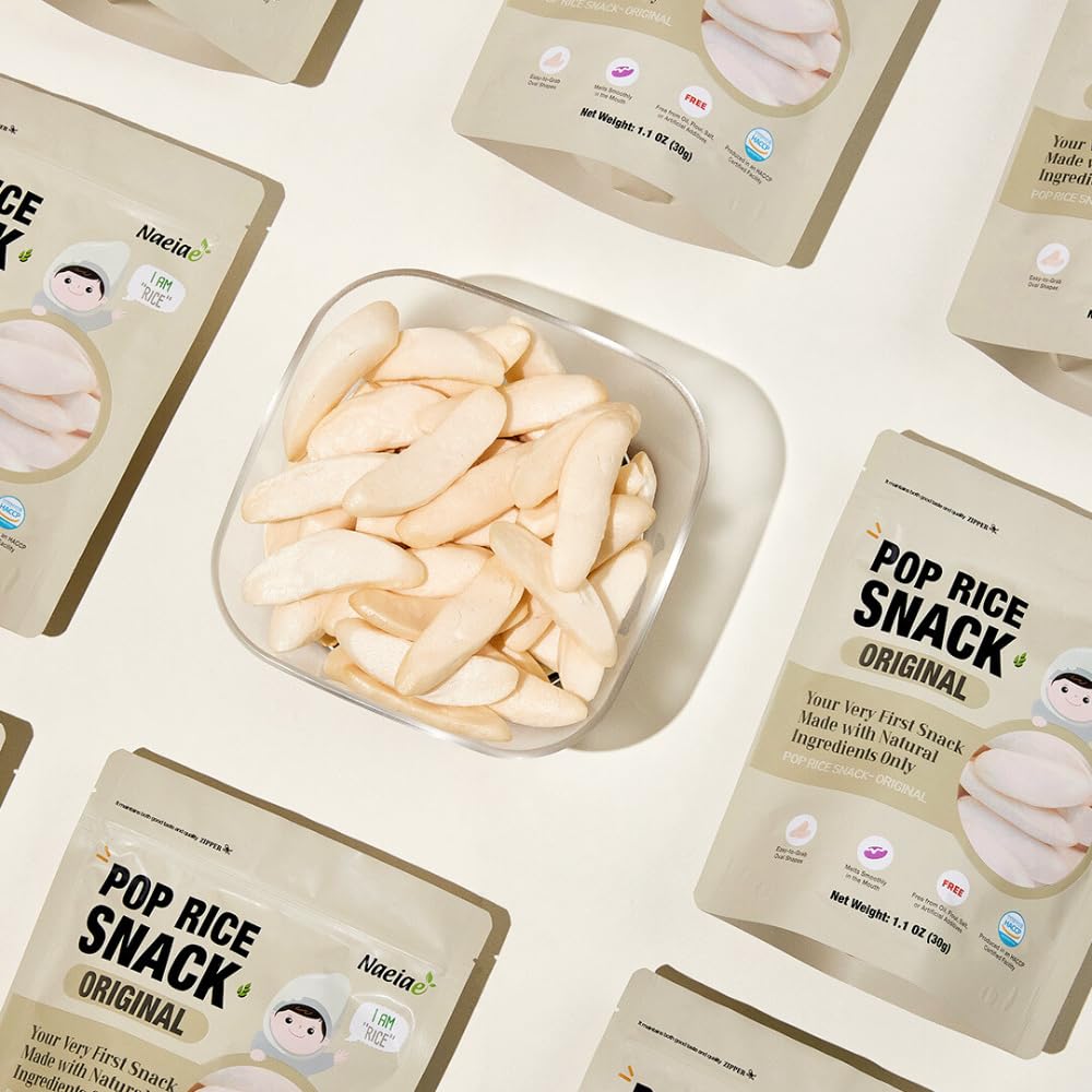 NAEIAE Pop Organic Snack rice puffs teething-friendly bite—perfect for self-feeding practice.
