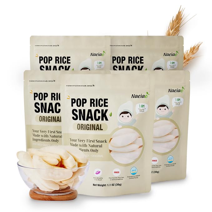 NAEIAE Pop Organic Snack rice puffs pack shot shows a 5-pack for on-the-go snacking.