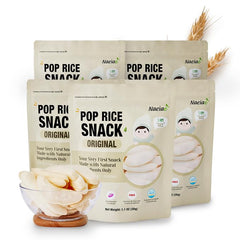 NAEIAE Pop Organic Snack rice puffs pack shot shows a 5-pack for on-the-go snacking.
