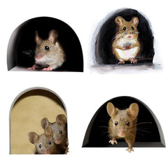 NaFurAhi 3D mouse hole wall sticker with realistic mice for lifelike living room decor.