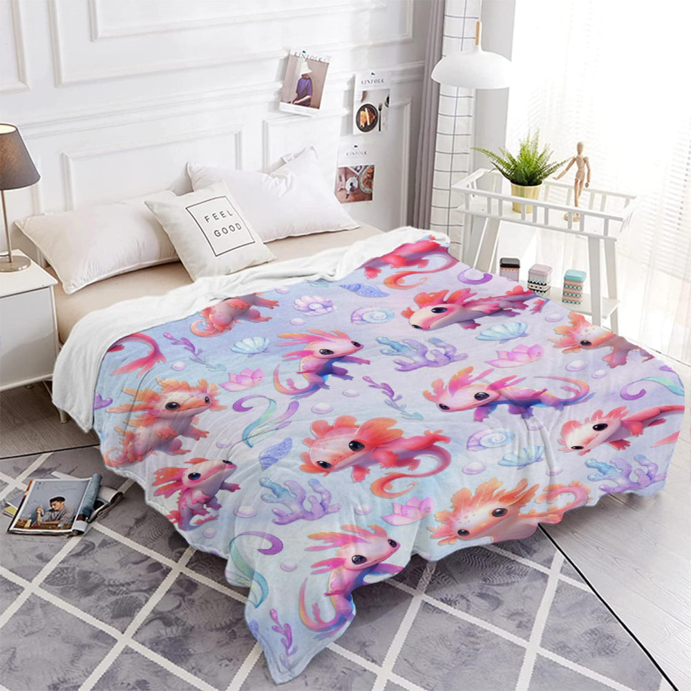 Nairatmya axolotl blanket on a child’s bed demonstrates comforting warmth.