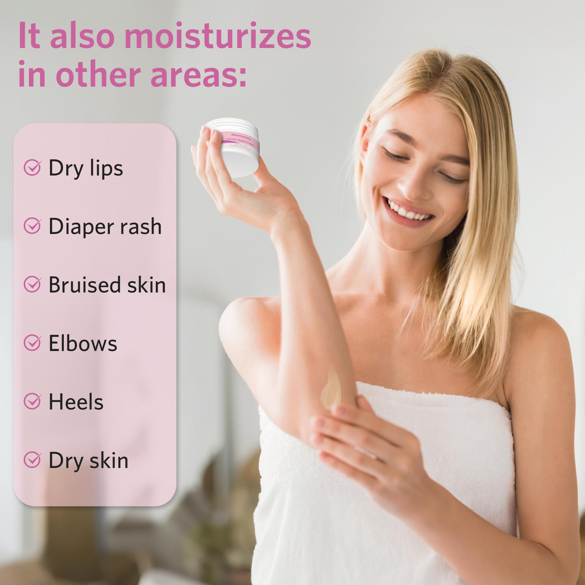 NAISMUMMY Lanolin Nipple Cream hypoallergenic label emphasizes safety for mom and baby.