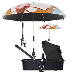 Nakazawa umbrella sstroller clip-on-attachment provides quick sun shade during park strolls.