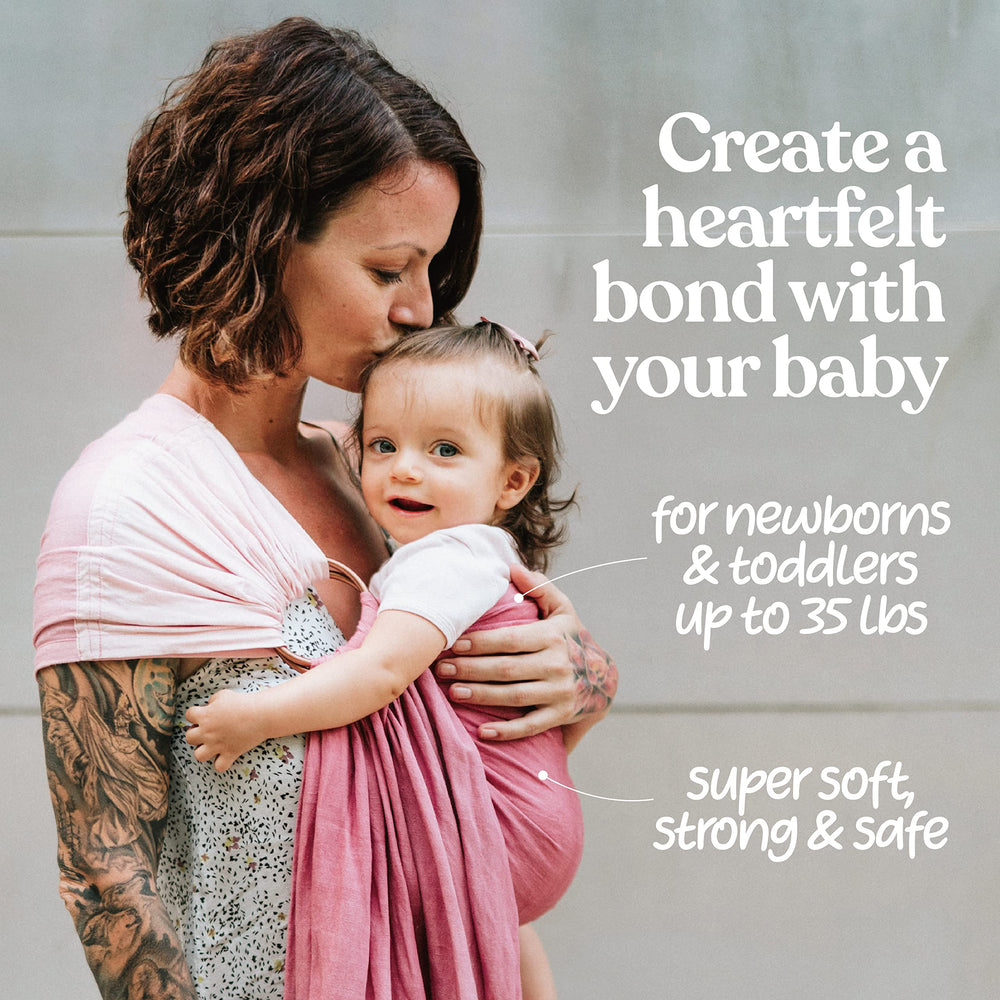 Nalakai ring sling front carry demonstrates ergonomic hip positioning for healthy development.