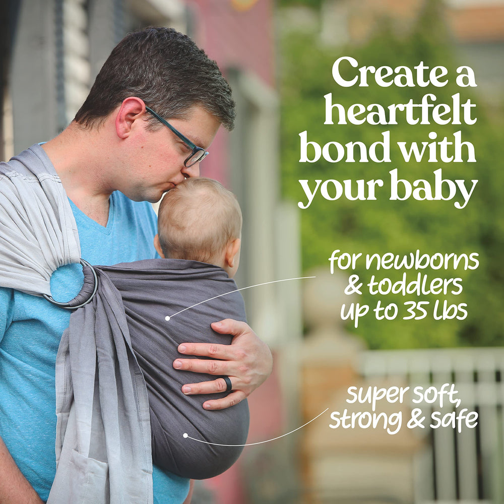Nalakai Ring Sling front carry demonstrates secure hip M-position for comfort.