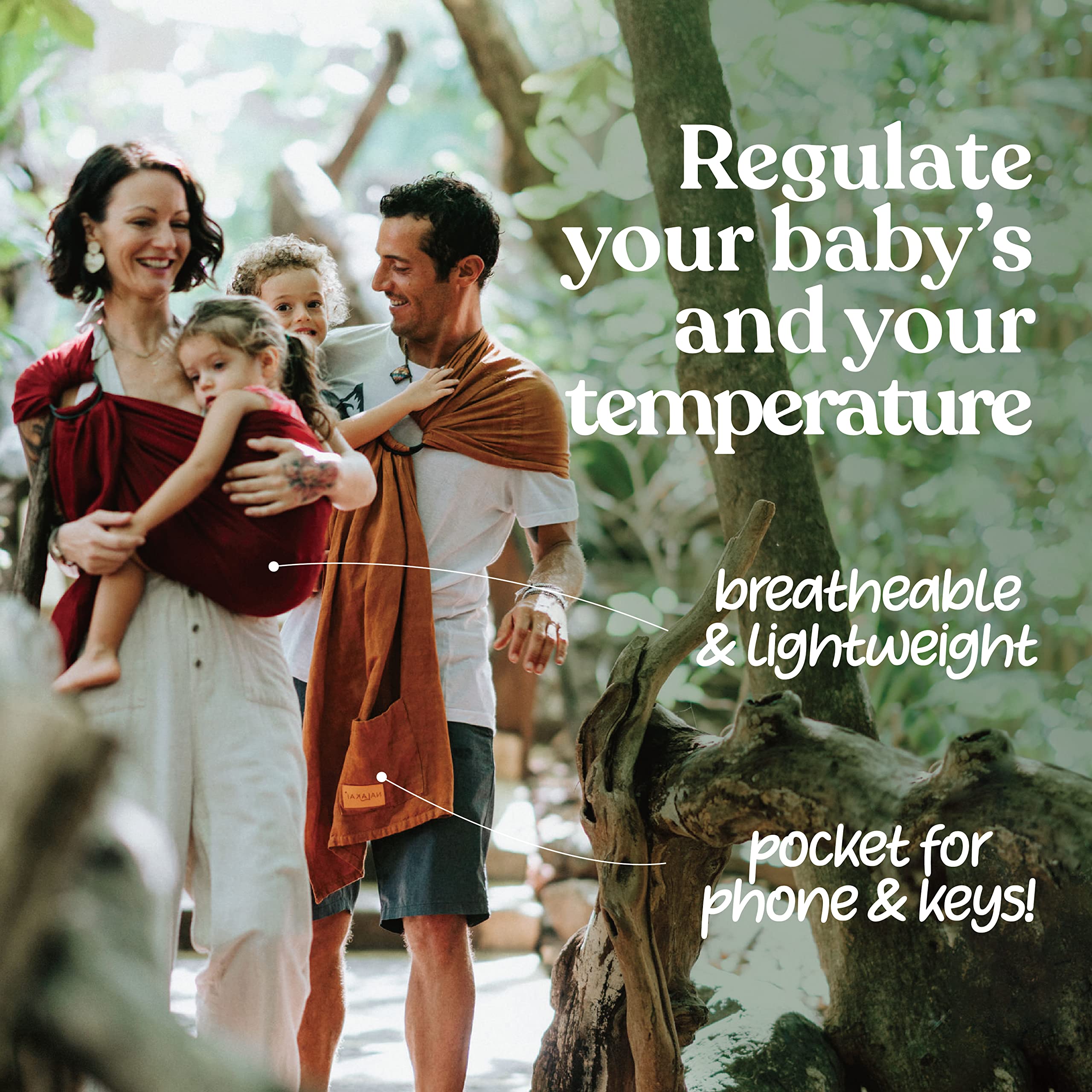 Nalakai ring sling temperature-regulation close-up emphasizes comfortable wear without overheating.