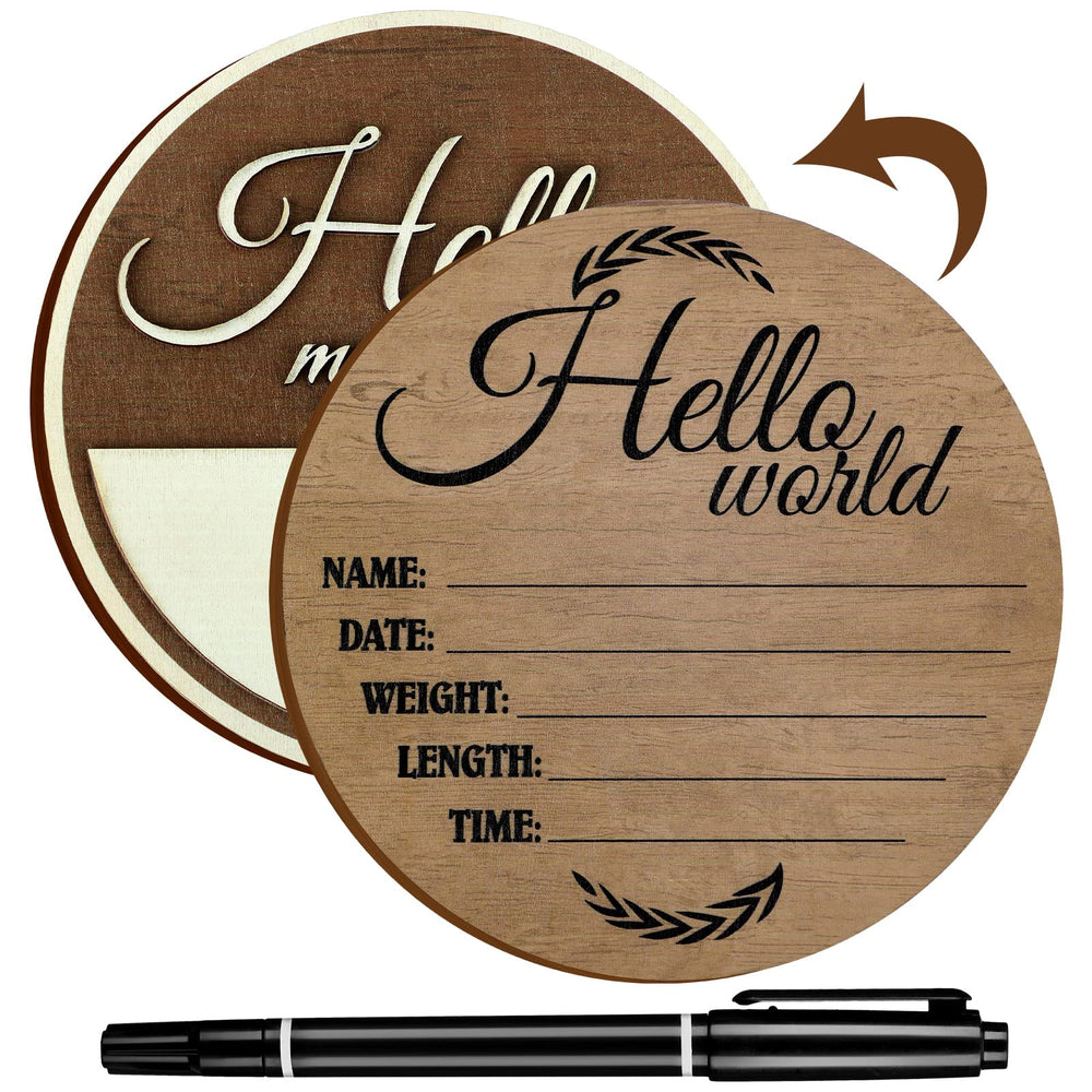 Namalu Hello World sign front side brown for newborn photo prop and keepsake.